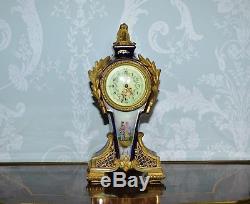 Antique Porcelain Hand Painted & Gilt Ormolu Miniature Mantle Clock Working