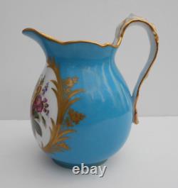 Antique Porcelain Jug Hand Painted Flowers Blue Celeste Ground Sevres Style