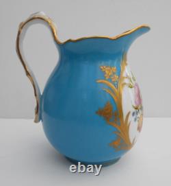 Antique Porcelain Jug Hand Painted Flowers Blue Celeste Ground Sevres Style