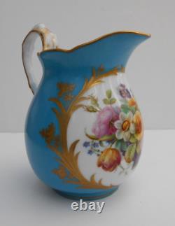 Antique Porcelain Jug Hand Painted Flowers Blue Celeste Ground Sevres Style