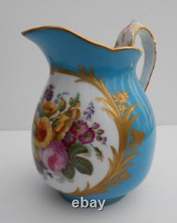 Antique Porcelain Jug Hand Painted Flowers Blue Celeste Ground Sevres Style