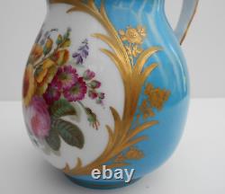 Antique Porcelain Jug Hand Painted Flowers Blue Celeste Ground Sevres Style