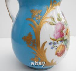 Antique Porcelain Jug Hand Painted Flowers Blue Celeste Ground Sevres Style