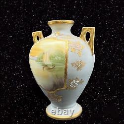 Antique Porcelain Nippon Moriage Vase Golden Hand Painted Double Handled Boat