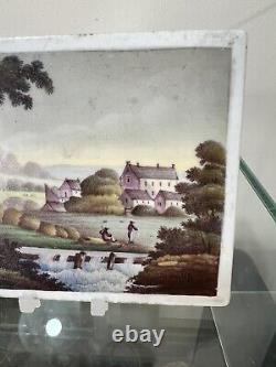 Antique Porcelain Plaque, Hand Painted Country Landscape Scene