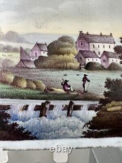 Antique Porcelain Plaque, Hand Painted Country Landscape Scene