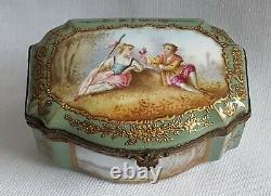 Antique Porcelain Snuff Box Serpentine Shape Signed Hand Painted Watteau Lovers