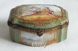 Antique Porcelain Snuff Box Serpentine Shape Signed Hand Painted Watteau Lovers