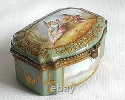 Antique Porcelain Snuff Box Serpentine Shape Signed Hand Painted Watteau Lovers