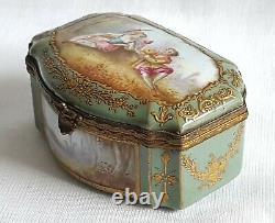 Antique Porcelain Snuff Box Serpentine Shape Signed Hand Painted Watteau Lovers