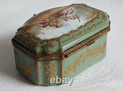 Antique Porcelain Snuff Box Serpentine Shape Signed Hand Painted Watteau Lovers