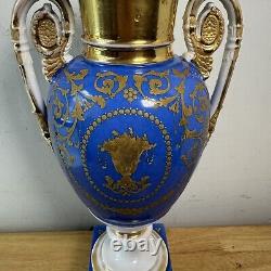 Antique Porcelain de Paris Vase Antique Hand Painted in Gold Blue Centrepiece