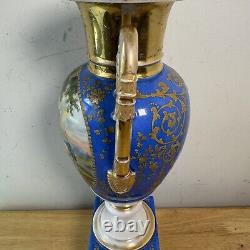 Antique Porcelain de Paris Vase Antique Hand Painted in Gold Blue Centrepiece