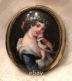 Antique Portrait Brooch Pendant Cameo Hand Painted Porcelain Victorian Bird Pin