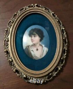 Antique Portrait Plaque Hand Painted Porcelain Gold Gilt Frame 19th Century