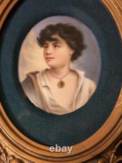 Antique Portrait Plaque Hand Painted Porcelain Gold Gilt Frame 19th Century