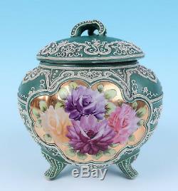 Antique Pre Nippon Hand Painted Roses & Moriage Cracker Biscuit Jar Porcelain