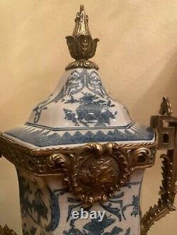 Antique RARE Porcelain Brass Crackle Vase Urn with Lid Handpainted White Blue