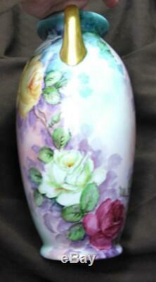 Antique Red Pink Yellow Roses Flowers Hand Painted Porcelain Vase 1939 French