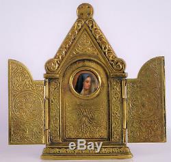 Antique Religious Brass Frame Hand Painted On Porcelain Virgin Mary Cathedral