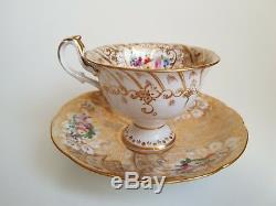 Antique Ridgway Porcelain Cup and Saucer hand painted floral & Gilt Rococo