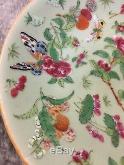 Antique Rose Famille Chinese Porcelain Plate Hand Painted Qing Qianlong Celadon