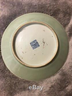 Antique Rose Famille Chinese Porcelain Plate Hand Painted Qing Qianlong Celadon