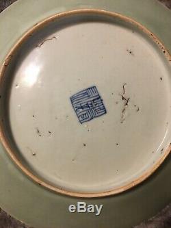 Antique Rose Famille Chinese Porcelain Plate Hand Painted Qing Qianlong Celadon