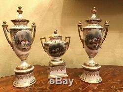 Antique Royal Vienna Austria 3 Porcelain Urn / Vases Handpainted Hunt Scene