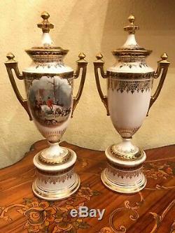 Antique Royal Vienna Austria 3 Porcelain Urn / Vases Handpainted Hunt Scene