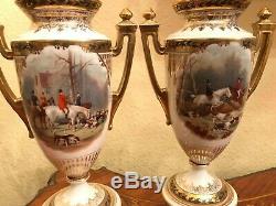 Antique Royal Vienna Austria 3 Porcelain Urn / Vases Handpainted Hunt Scene