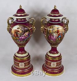 Antique Royal Vienna Pair Porcelain Lidded Urns Vase Hand Painted Portrait c1900