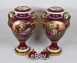 Antique Royal Vienna Pair Porcelain Lidded Urns Vase Hand Painted Portrait c1900