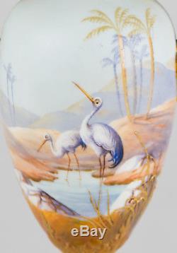 Antique Royal Worcester Hand Painted Stork in Oasis Porcelain Vases Signed Shuck