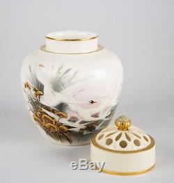 Antique Royal Worcester Hand Painted Swans Porcelain Vase & Lid Baldwyn