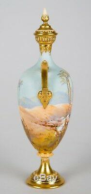 Antique Royal Worcester Porcelain Vase Hand Painted Storks in Oasis Signed Shuck