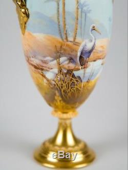 Antique Royal Worcester Porcelain Vase Hand Painted Storks in Oasis Signed Shuck