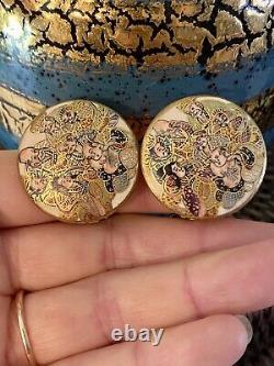 Antique Satsuma 7 Immortal Luck Gods Button Clip Earring Hand Painted Porcelain
