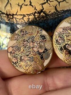 Antique Satsuma 7 Immortal Luck Gods Button Clip Earring Hand Painted Porcelain