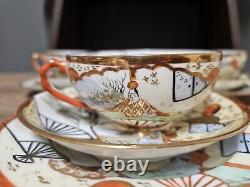 Antique Satsuma Japanese Porcelain Signed Hand Painted Gold Tea And Cake Set