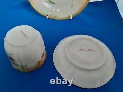Antique Scots Nautilus Porcelain HandPainted Flowers Tea Trio Cup Saucer Plate
