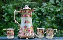 Antique Set Royal Kinran Hot Chocolate Pot Cup Nippon Pink Yellow Roses Beaded