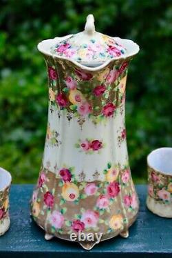 Antique Set Royal Kinran Hot Chocolate Pot Cup Nippon Pink Yellow Roses Beaded