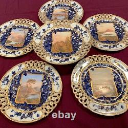 Antique Set of 6 rear Coalport hand painted scenic cake and dessert plates