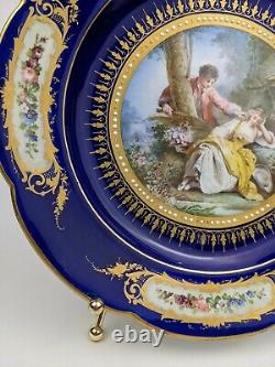 Antique Sevres 1764 Hand Painted Courting Scene Cabinet Plate Cobalt Rim