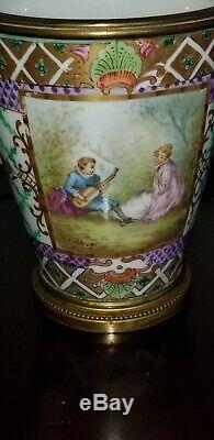 Antique Sevres Artist Signed Hand Painted Porcelain Beaker In Bronze Ormolu