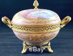 Antique Sevres French Ormolu Bronze Porcelain Lidded Potpourri Box Hand Painted