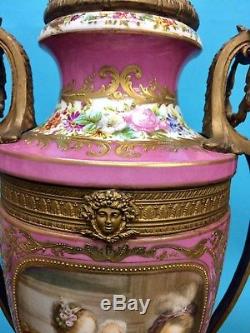 Antique Sevres Hand Painted Gilt Porcelain and Bronze Lamp Signed Double Handles