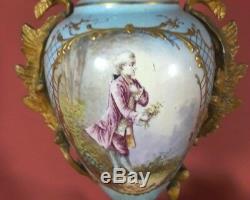 Antique Sevres Hand-Painted Pair of Porcelain & Bronze Urns