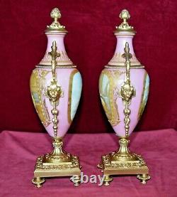 Antique Sevres Hand painted Porcelain & Gilt Metal Twin Handled Clock Garnitures